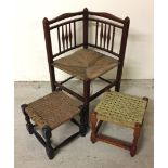 A rush seated mahogany corner chair together with 2 wooden foot stools.