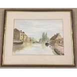 A framed and glazed watercolour of a canal scene at Stoke Bruerne by A.E. Eling. Picture size 37 x