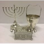 3 pieces of silver plate - a lidded sardine dish, an ice bucket and a menorah.