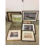 A quantity of framed and glazed pictures to include prints, a watercolour of a cricket game and an