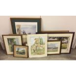 A collection of 9 painting & prints to include an unframed watercolour of an Italian garden signed