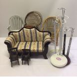 A box of assorted doll display chairs to include upholstered settee and rocking chair together