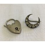 Hallmarked silver heart shaped 'padlock' bracelet fastener together with a vintage silver crescent