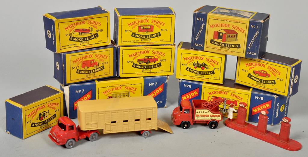 Ten Moko Lesney Matchbox series vehicles, including Meteor sports boat 48, mobile canteen 74, cement