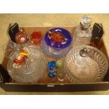 A silver collared square decanter, carnival glass and other glassware.