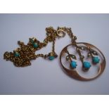 A 9ct Edwardian necklace and pendant set with turquoise and seed pearls.