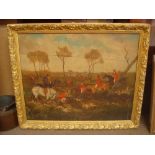 A naive hunting scene, oil on panel, a/f. 66 x 54cm.