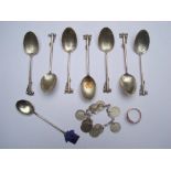 Silver coffee spoons with golfing terminals, a silver threepenny bit bracelet, a 9ct gents ring etc.