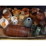 A small flagon, four jugs, a wooden vase, glass bottles etc.
