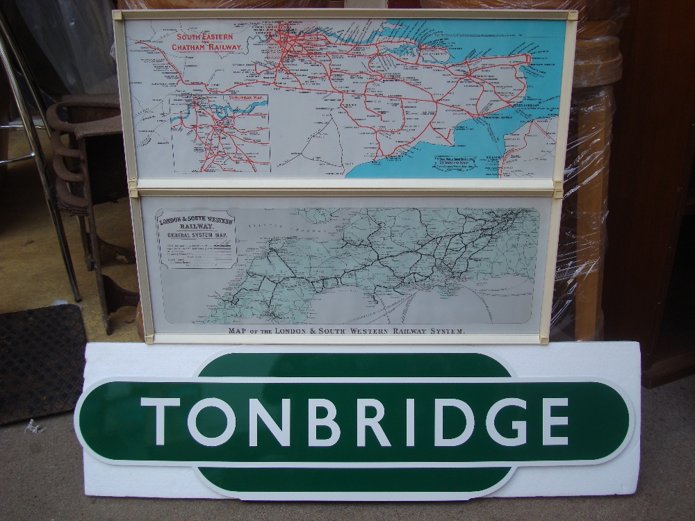 A reproduction enamel railway sign, Tonbridge. With two framed railway maps.