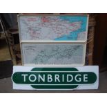 A reproduction enamel railway sign, Tonbridge. With two framed railway maps.