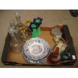 A selection of glass, Imari plates and a silver plated dressing table set.