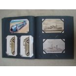 A 1920's / 1930's postcard album including postcards of cars, shipping, aeroplanes, trains,