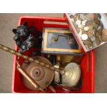 A copper kettle, a cash box with key, old pennies, other brass ware etc.