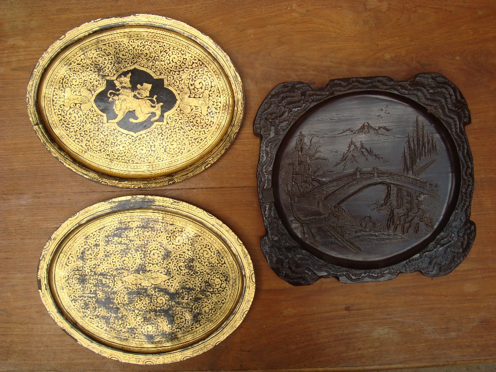 Early 20th Century Chinese lacquer dishes and a hardwood carving.