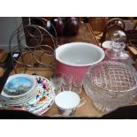 Four Gaudy Welsh plates, a good quality rosebowl, a cut glass decanter, an egg decapitator etc.