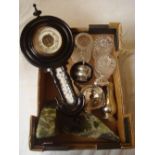 Silver plate, glass, hardstone bookends and an ebonised banjo barometer.