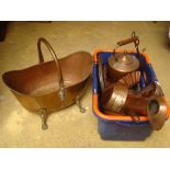 A mixed lot of copper including kettle, jug, chestnut cooker, pan etc with a large open scuttle.