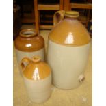 A large stoneware flagon, a smaller one and a stoneware vessel (3).