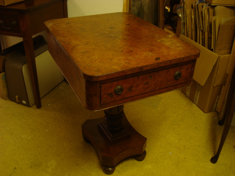 A William IV amboyna pedestal work table,