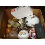 A mixed lot including a pair of old driving goggles in original box, two glass lamp shades,