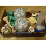 Ceramics including Vat69 jug, a Brannam ware jug and two ovoid Chinese style vases with lids.