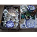 Two boxes of mixed ceramics and glass including three jugs,