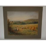 Mid 19th Century British School. A harvest landscape, watercolour, unsigned, f/g. 60 x 47cm.