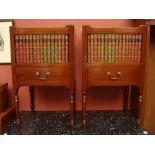 A pair of 20th Century mahogany tambour fronted bedside tables with tray type tops,