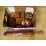 A collection of boxes to include an olive wood stamp box with four divisions, two other stamp boxes,