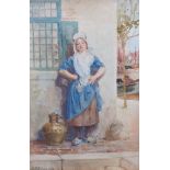 G H EDWARDS: Watercolour depicting a young Dutch girl with flagon standing by a window, 24cm x 16cm,