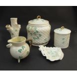 A selection of Belleek Third Period ceramics with three leaf clover pattern, lidded containers,