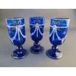Three 19th Century Bristol blue glasses with handpainted swag detail