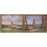 C MORTIMER: Two oils on board depicting ploughing horses, Churches beyond, 16.5cm x 20.