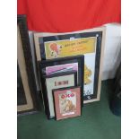 Three framed reproduction military prints including Doctor Carrot and a framed display of WWII