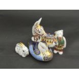 Four Royal Crown Derby paperweights, donkey, duck,