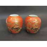 A pair of circa 1900 Carlton Ware oriental vases, red ground hand painted scenes, 13.