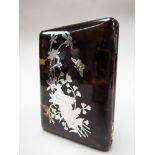 A 19th Century tortoiseshell card case with inlaid decoration of butterfly and floral spray,