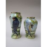 Two Moorcroft Enamels "Swallows" vases designed by Sandra Dance, 8cm and 9cm tall,