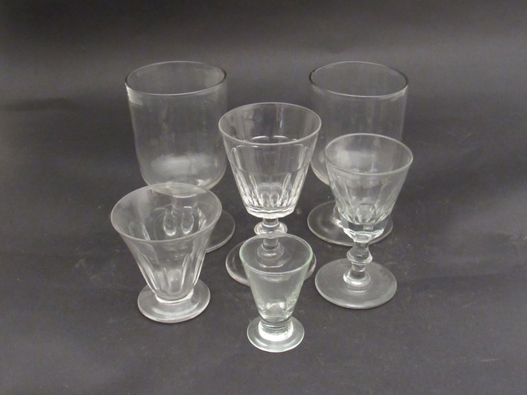 Two Victorian ale glasses and four assorted 19th Century glasses