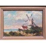 A 19th Century oil on board windmill at the coast with sea to back ground,