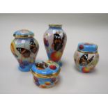 Four Moorcroft Enamels "Red Admiral" pieces including vases and trinket box,