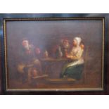 A 19th Century oil on panel tavern scene of a bearded gentleman chatting to a young maiden,