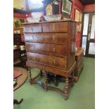 An 18th Century and later chest on stand with oyster veneers, later restoration, and stand,