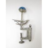 A 19th Century Hemmingbird white metal table sewing clamp with pin cushion