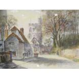 A signed painting of a village scene,