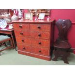 A Victorian painted birds eye maple effect chest of two over three drawers with hand painted