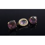 A pair of 9ct gold and amethyst stud earrings and a gold and amethyst brooch with a seed pearl