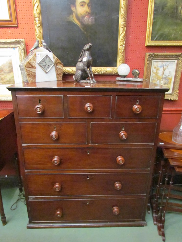 A Victorian mahogany chest of eight drawers (some veneer missing) 118cm x 102cm x 51cm