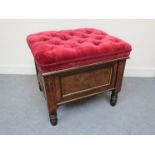 A Victorian burr walnut box seat stool with button seat and painted gilt relief carved decoration